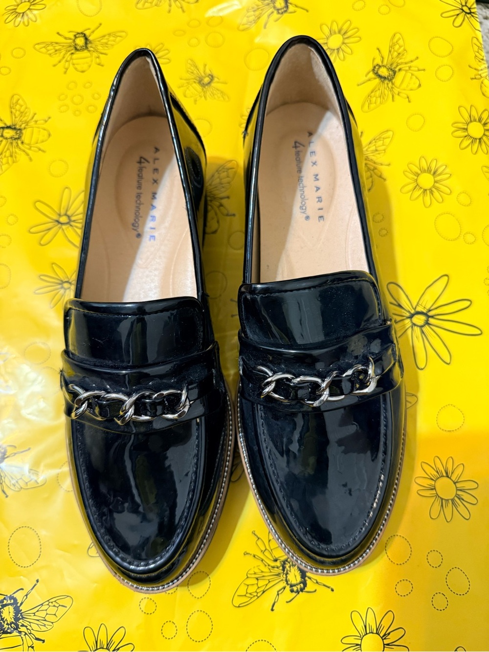 Alex Marie Black Patent Chain-Trim Platform Loafers with Tan Welt